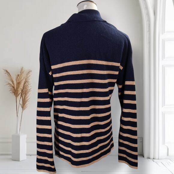 Rails Harris Merino Blend Sweater Size M Camel Navy Stripe Collared Neckline - Picture 4 of 12